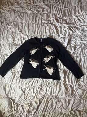 Black Womens Cardigan Sweater with Cream Angel Motif